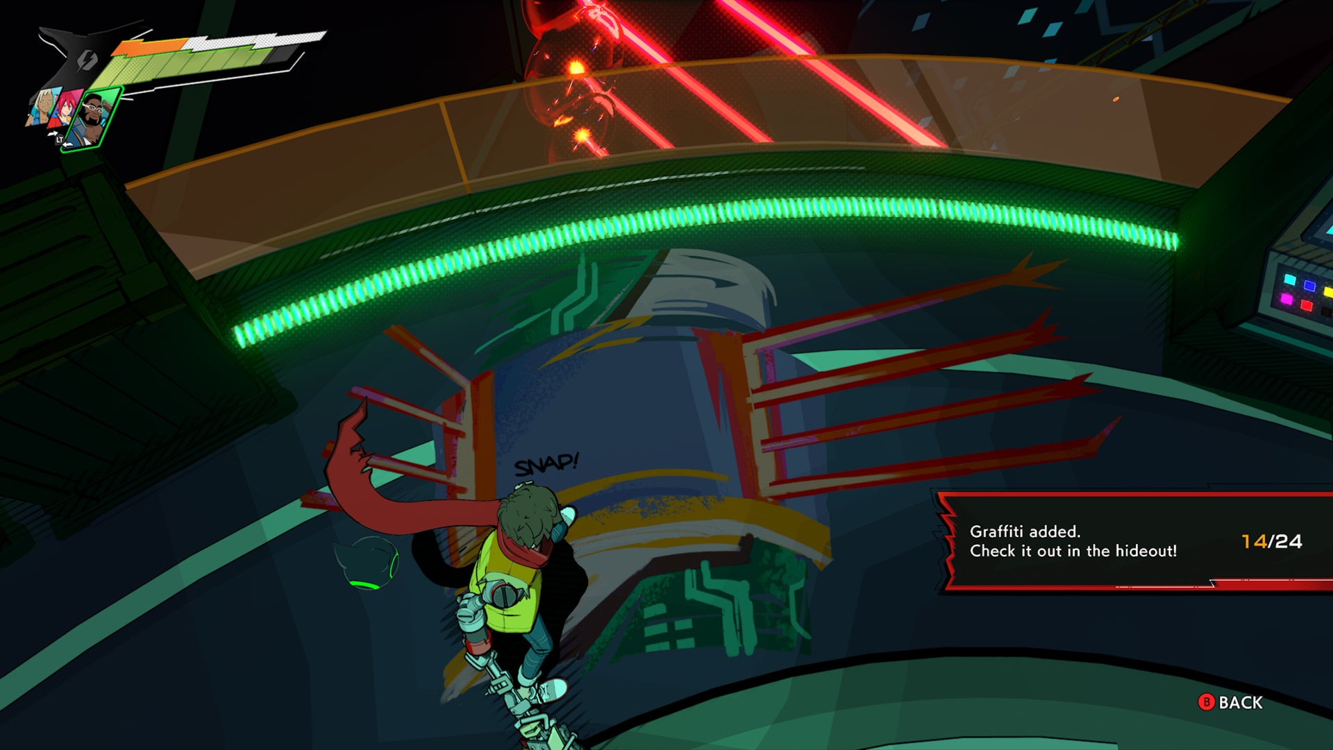 Hi-Fi RUSH, Chai is looking down at the third piece of graffiti in Track Seven which is on the floor.