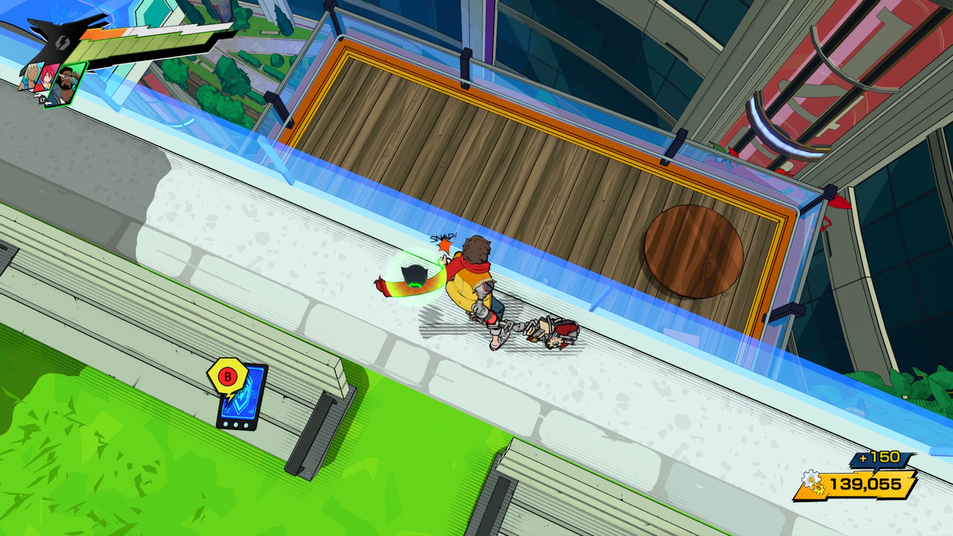 Hi-Fi RUSH, Chai is looking at a lower platform with a table on it.