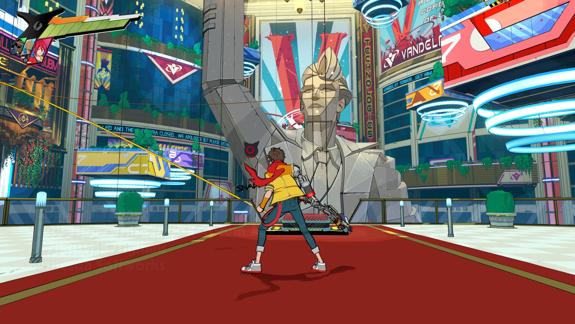 Hi-Fi RUSH, Chai is looking at a large statue of Kale in the middle of a huge Atrium.