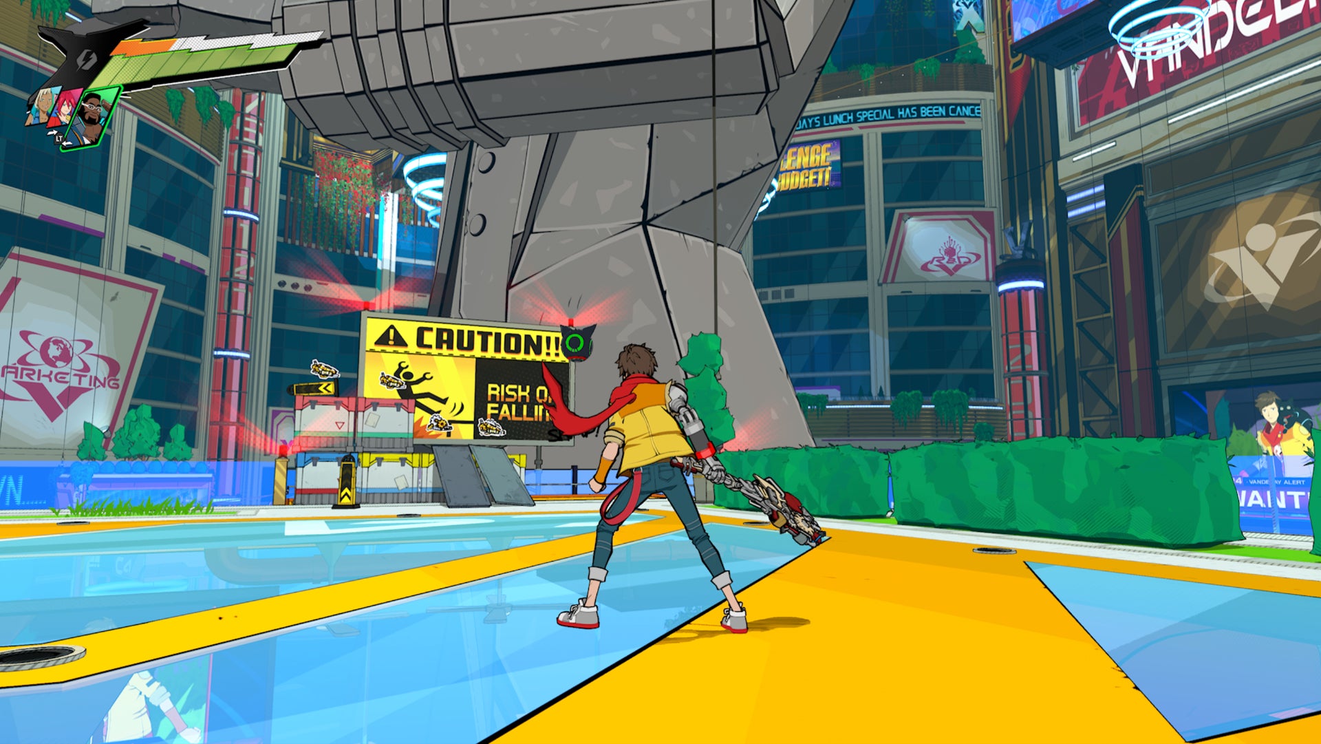 Hi-Fi RUSH, Chai is facing the side of the Kale statue on a platform in the Atrium.