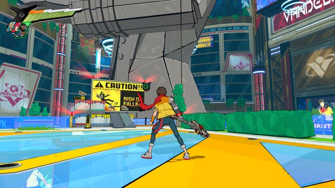 Hi-Fi RUSH, Chai is facing the side of the Kale statue on a platform in the Atrium.