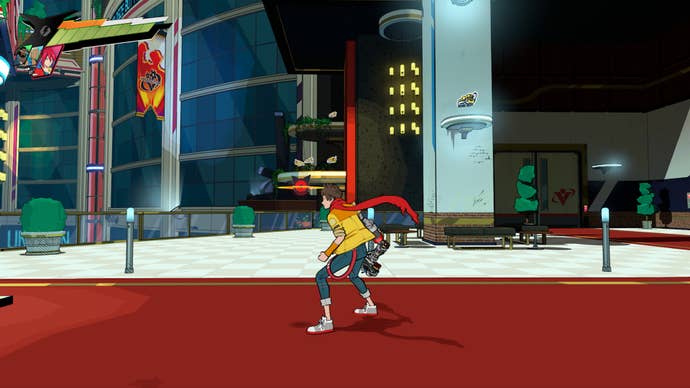 Hi-Fi RUSH, side view of Chai and a set of platforms leading to a higher level behind him.