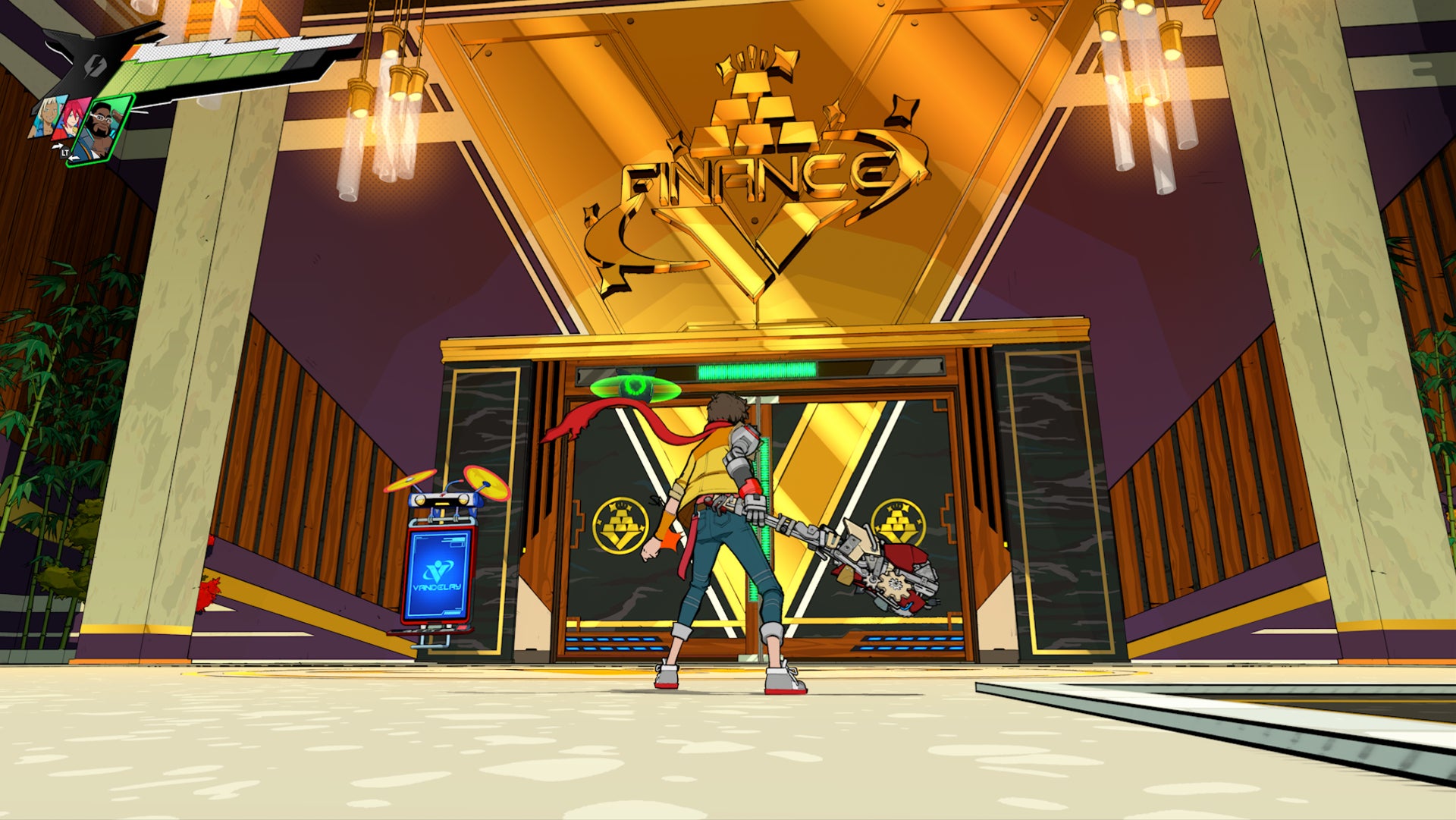 Hi-Fi RUSH, Chai is facing the large Vandelay Finance doors in Track Ten.