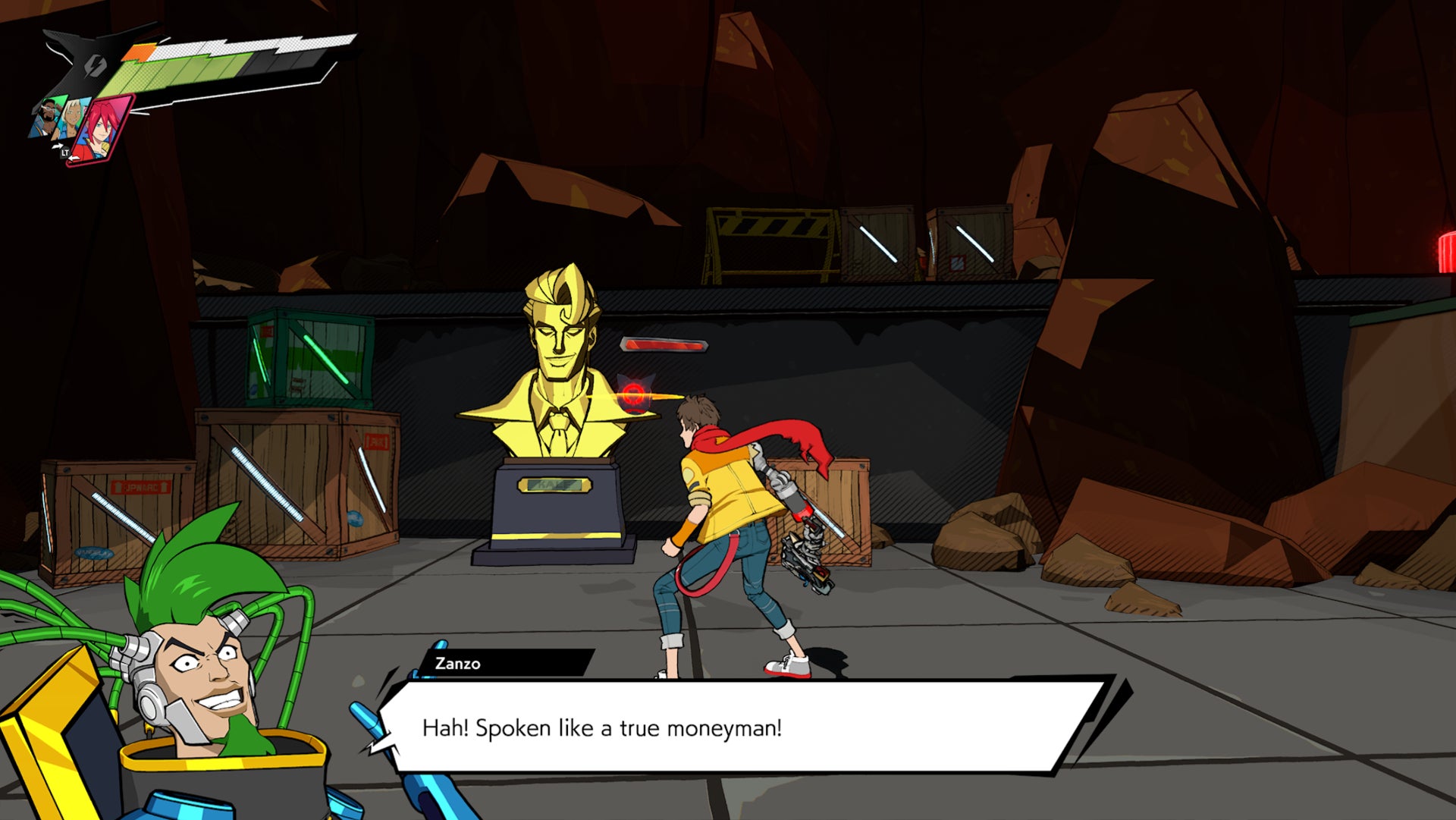 Hi-Fi RUSH, Chai is facing a gold statue of Kale near the entrance to the R&amp;D Department