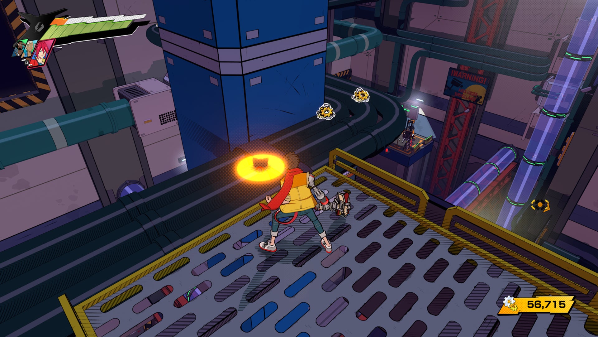 Hi-Fi RUSH, Chai is facing some large pipes while standing on a platform