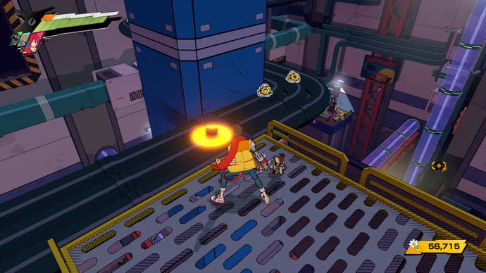 Hi-Fi RUSH, Chai is facing some large pipes while standing on a platform