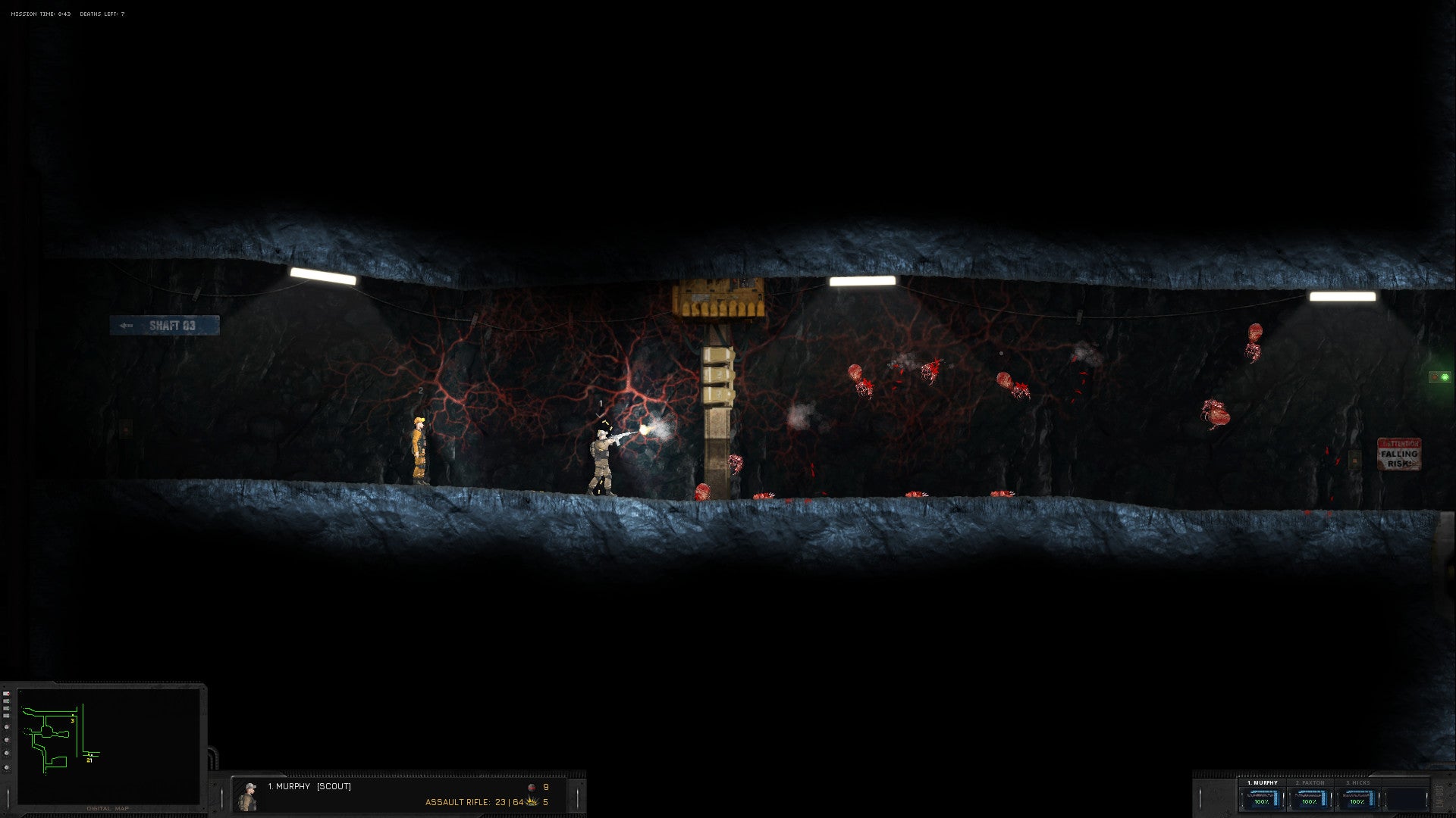 A screenshot of Hidden Deep showing two men from a 2D side-on perspective, one of which is shooting at a set of gristly aliens that seem to be clinging to a cavern wall.
