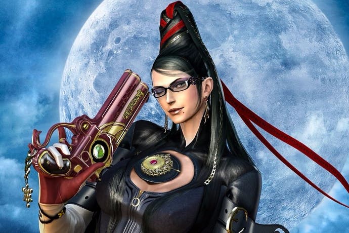 Bayonetta adjusts her glasses with her gun to the backdrop of the moon