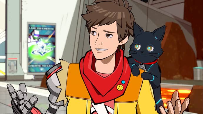 Chai from Hi-Fi Rush with his cat 808 sitting on his shoulder