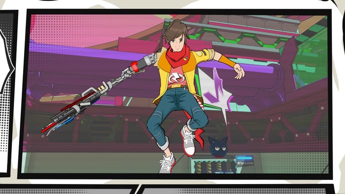 Chai and 808 jump in mid air with a comic book border around the edge of the screenshot in Hi-Fi Rush