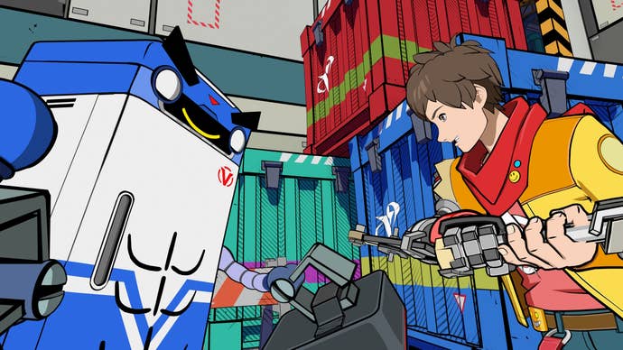 The hint fridge and Chai look toward each other with big grins on their faces in Hi-Fi Rush