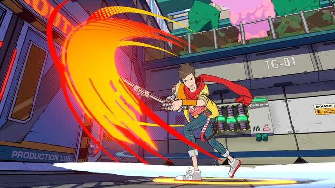 Chai swipes his guitar through the air with a big red and orange power arc in Hi-Fi Rush