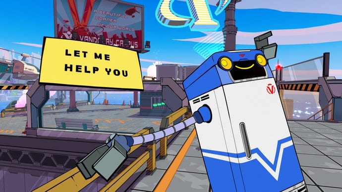 A blue fridge holds a sign saying Let Me Help You! in Hi-Fi Rush