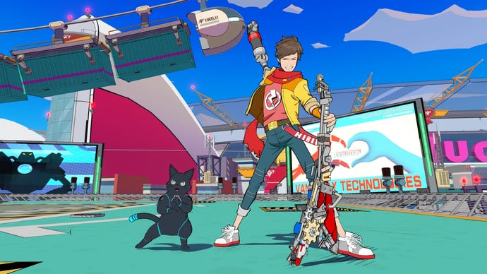 Chai and 808 strike power poses on a rooftop in Hi-Fi Rush