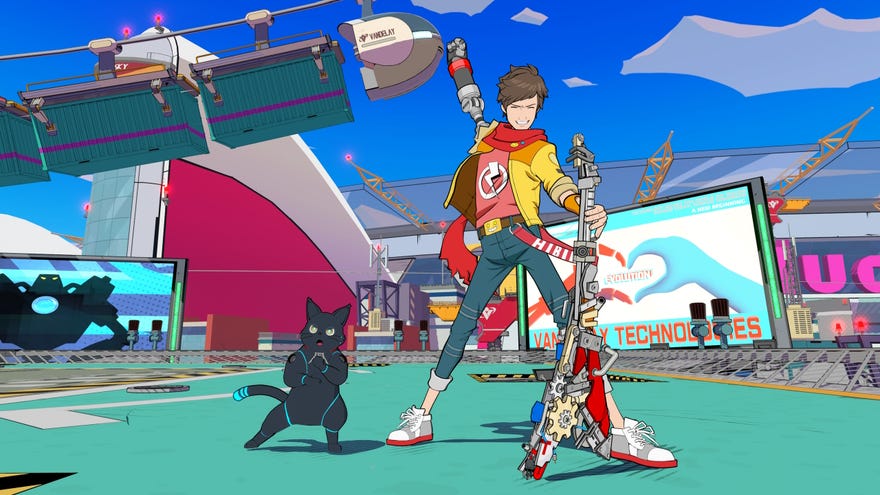 Chai and 808 strike power poses on a rooftop in Hi-Fi Rush