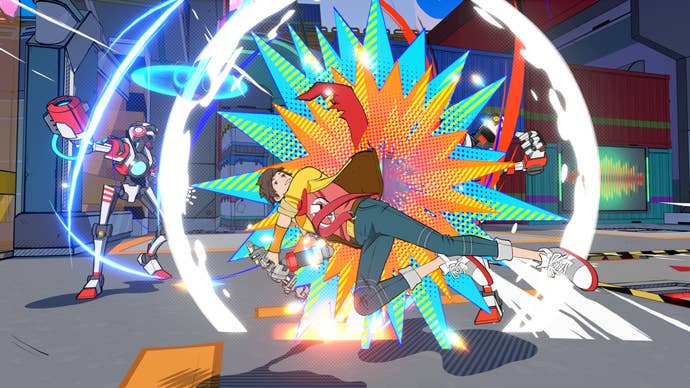 Chai spins in the air as he attacks robots in Hi-Fi Rush