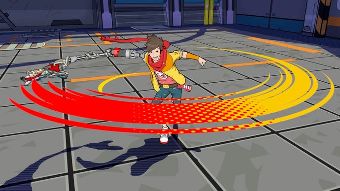 Chai swings his guitar in a big red arc in Hi-Fi Rush