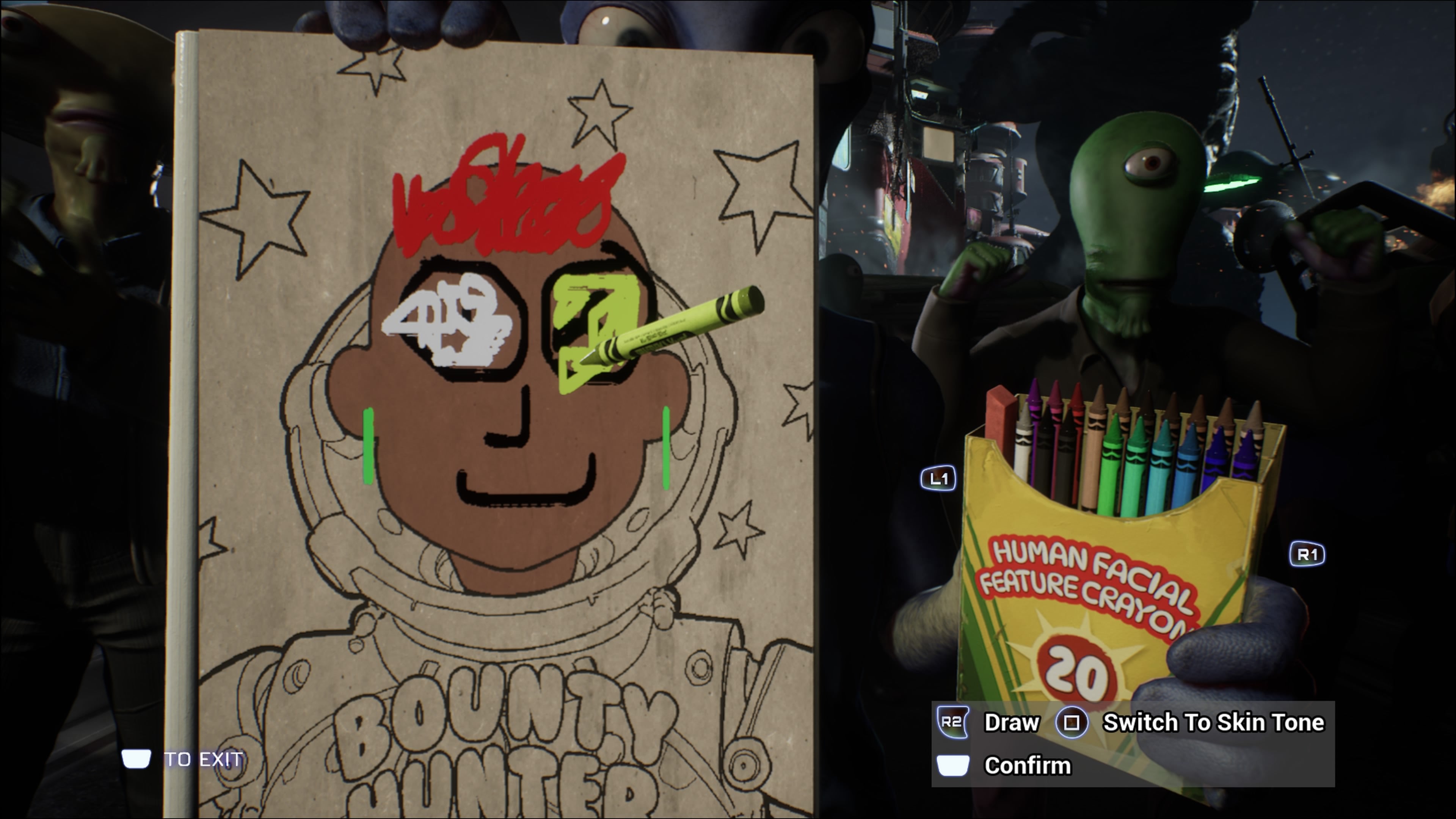 A screenshot of High on Life 2, showing a truly terrible doodle of the player character, as drawn by an artistically bereft journalist in the video game.