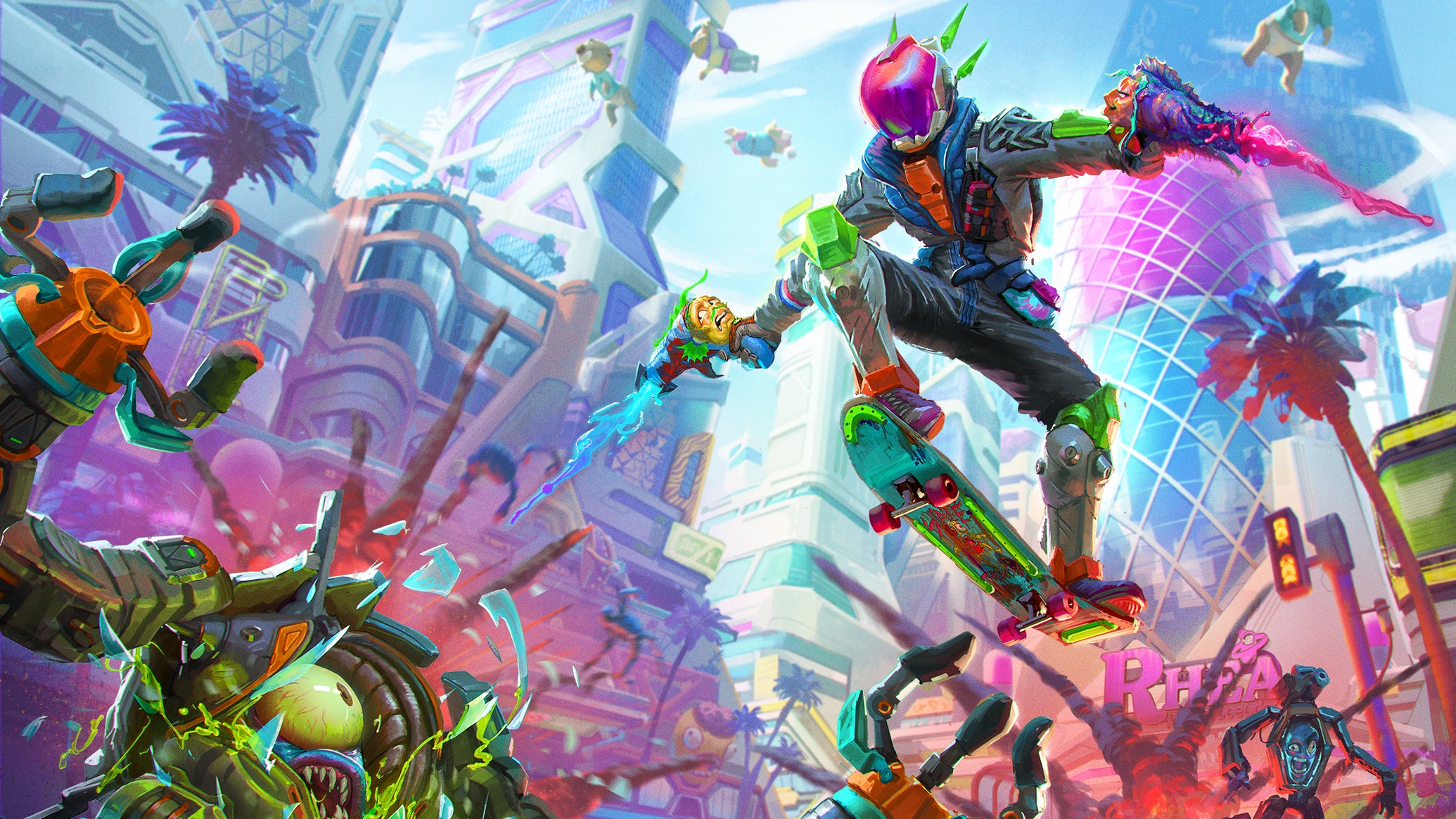 High on Life 2 official key art showing a character ollying on a skateboard while firing two anthropomorphised guns at brightly-coloured aliens, in a futuristic city