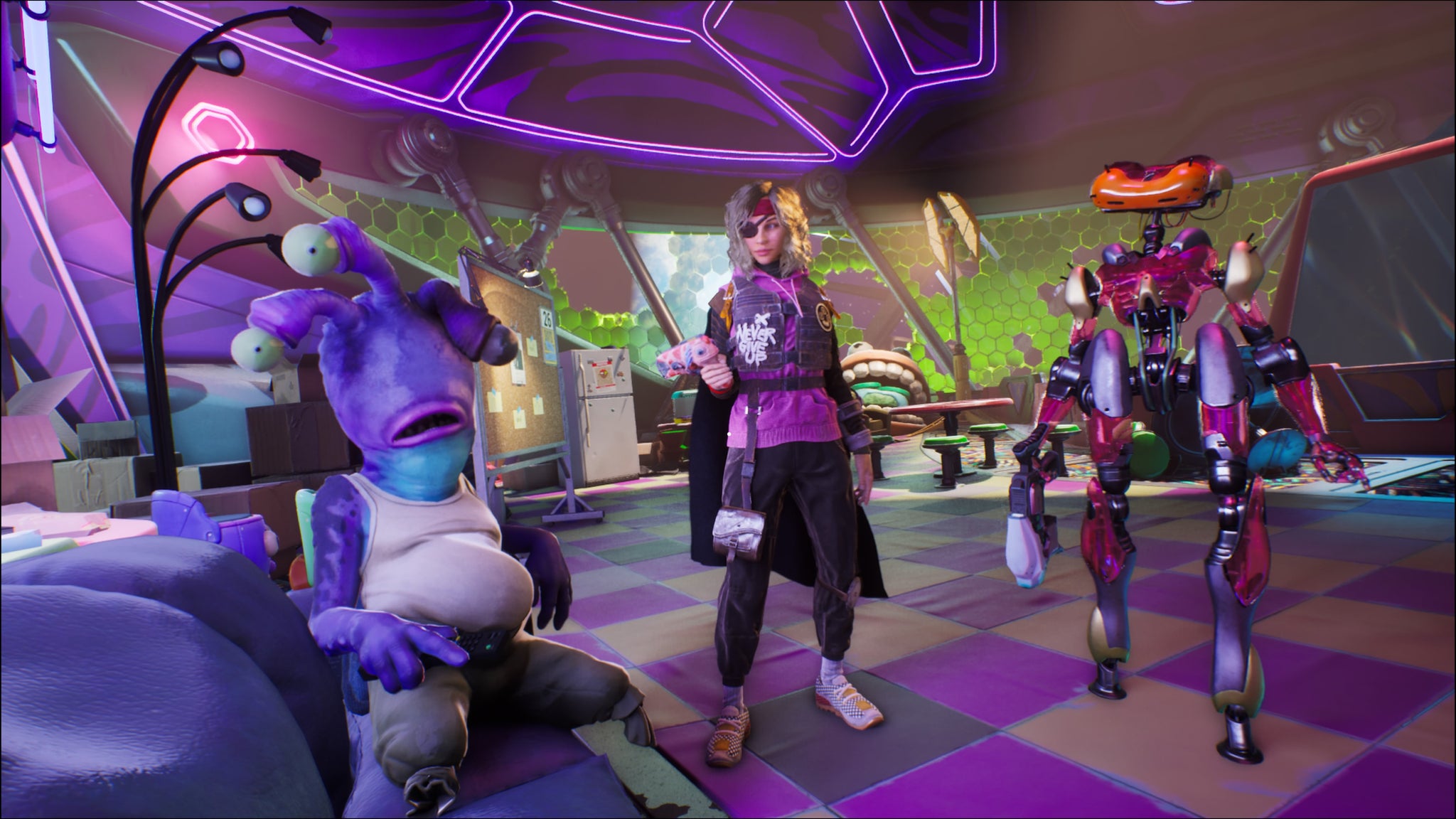 A screenshot of High on Life 2, showing the player conversing with several of their key companions.