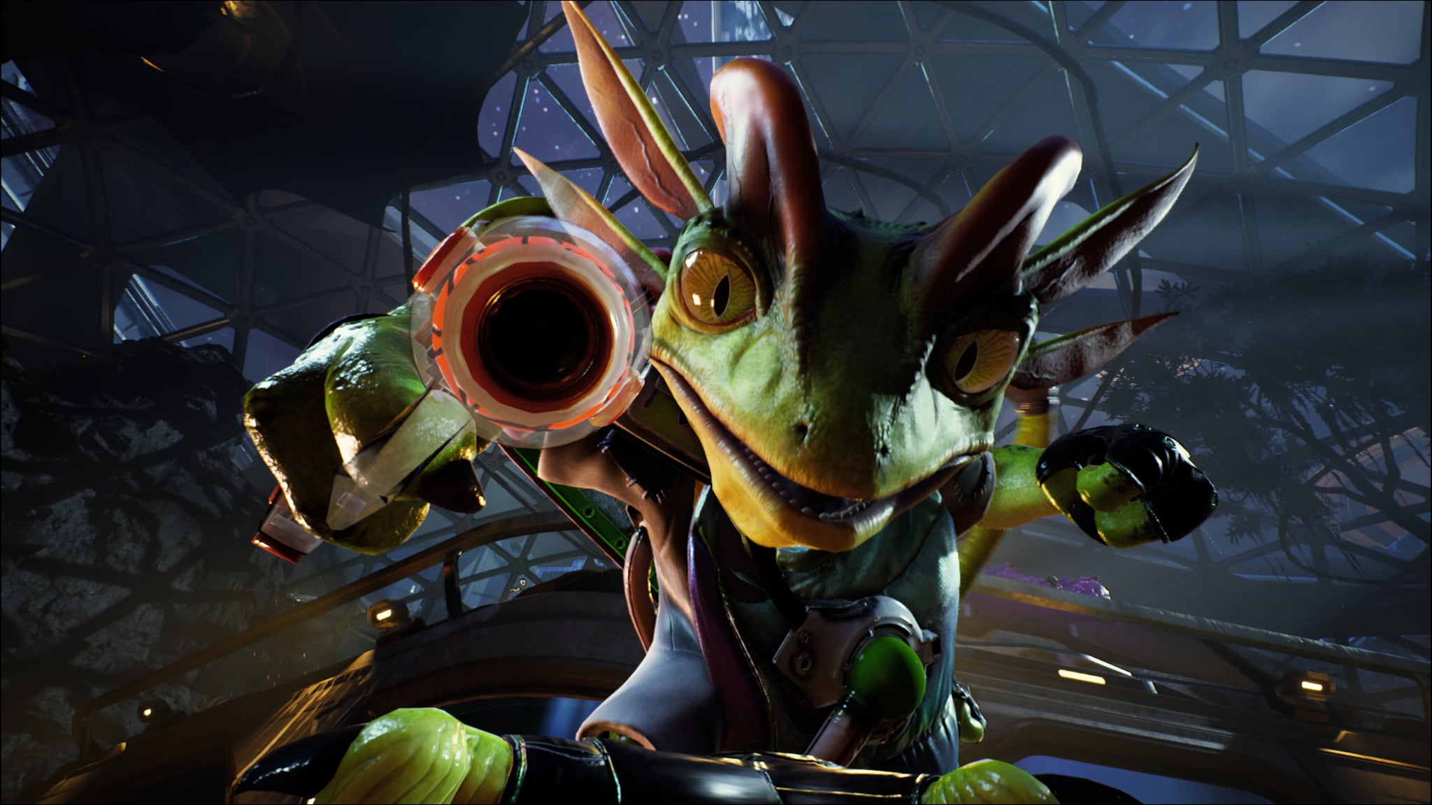 A screenshot of High on Life 2, showing the boss Repticle getting in the player's face.