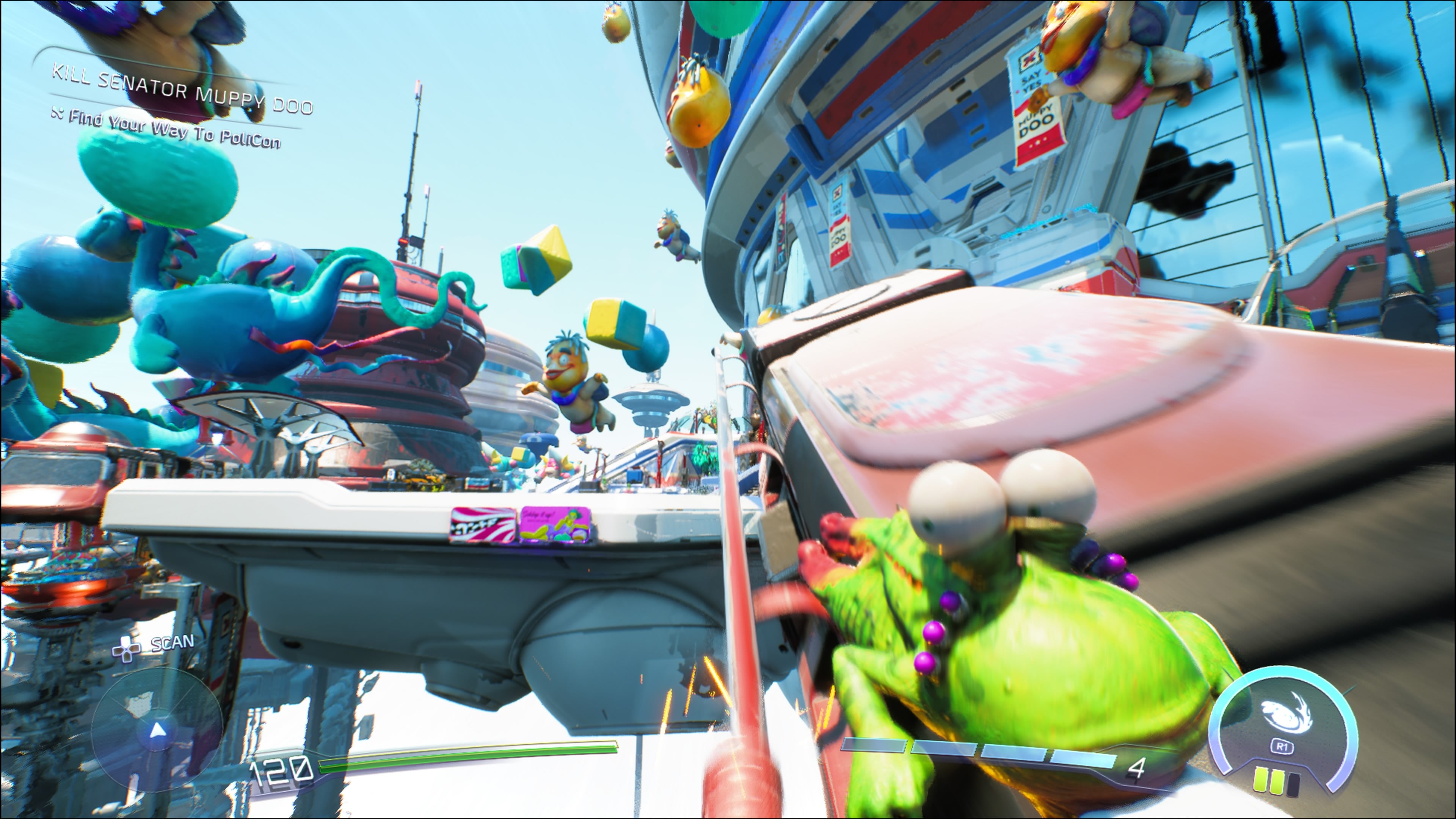 A Screenshot of High on Life 2, showing the players jumping across floating cars while equipping Gus.