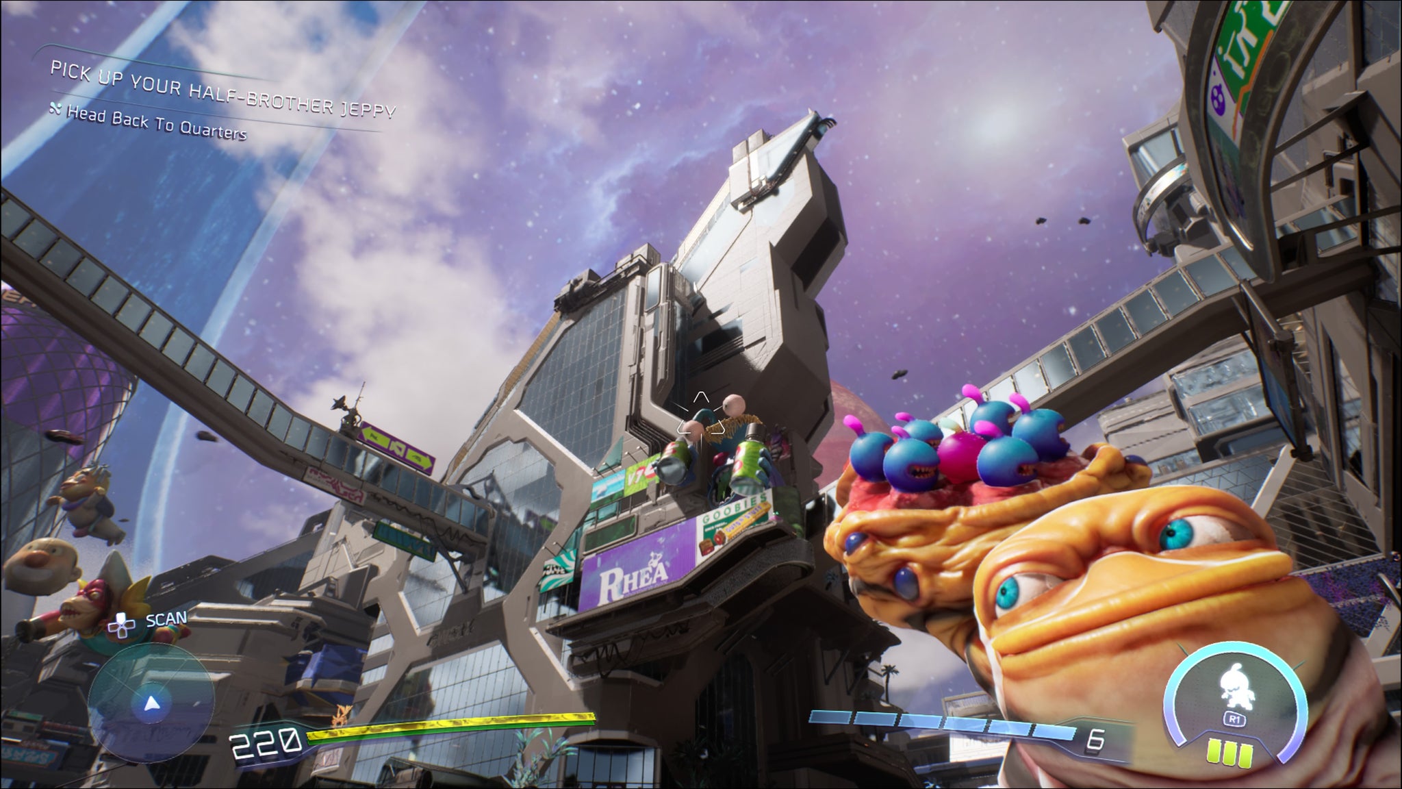 A Screenshot of High on Life 2, showing the player looking up at an Arcadia high-rise building while equipping Creature.