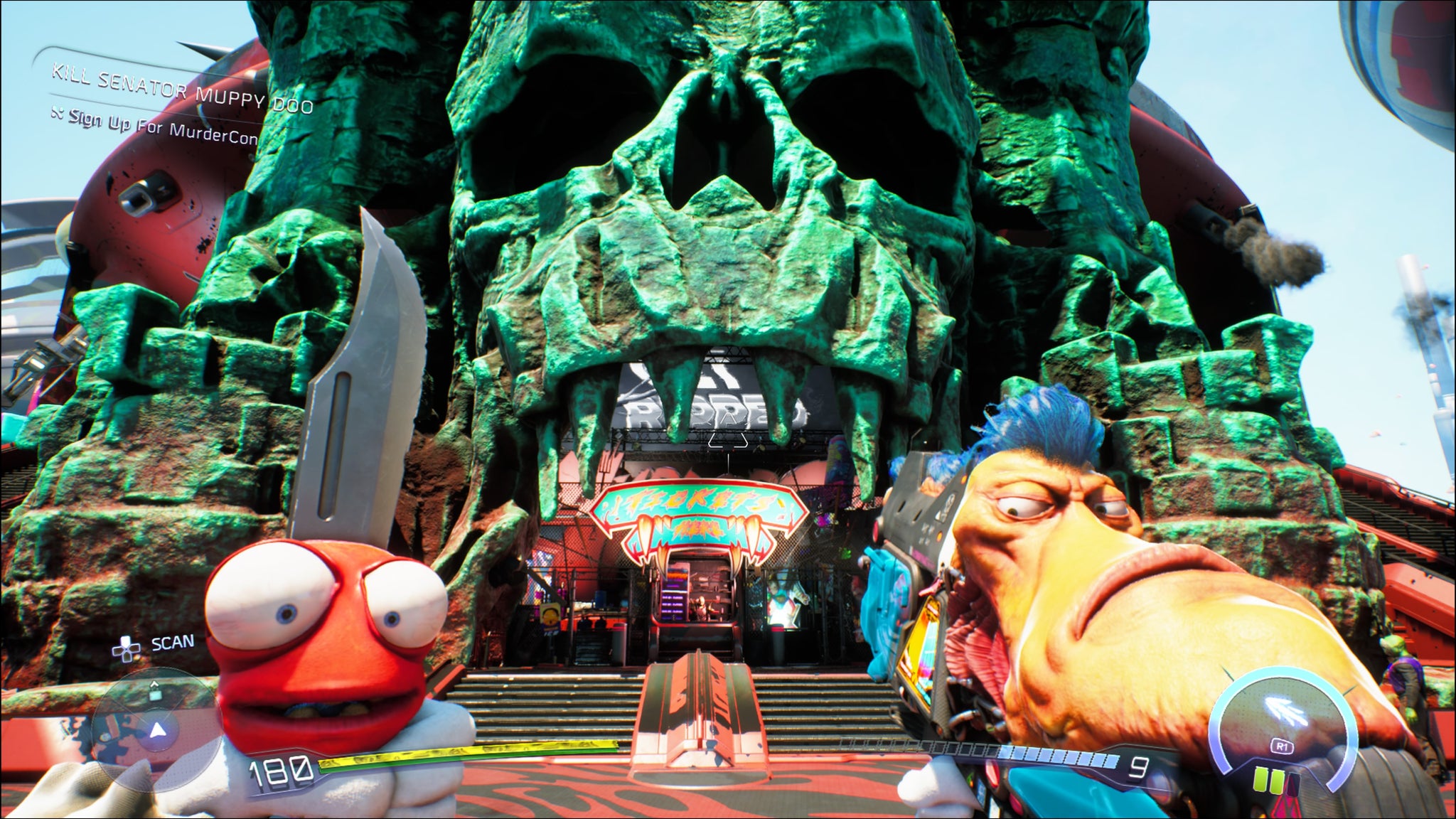 A screenshot of High on Life 2, showing the player observing MurderCon's exterior while holding Sheath and Knifey.