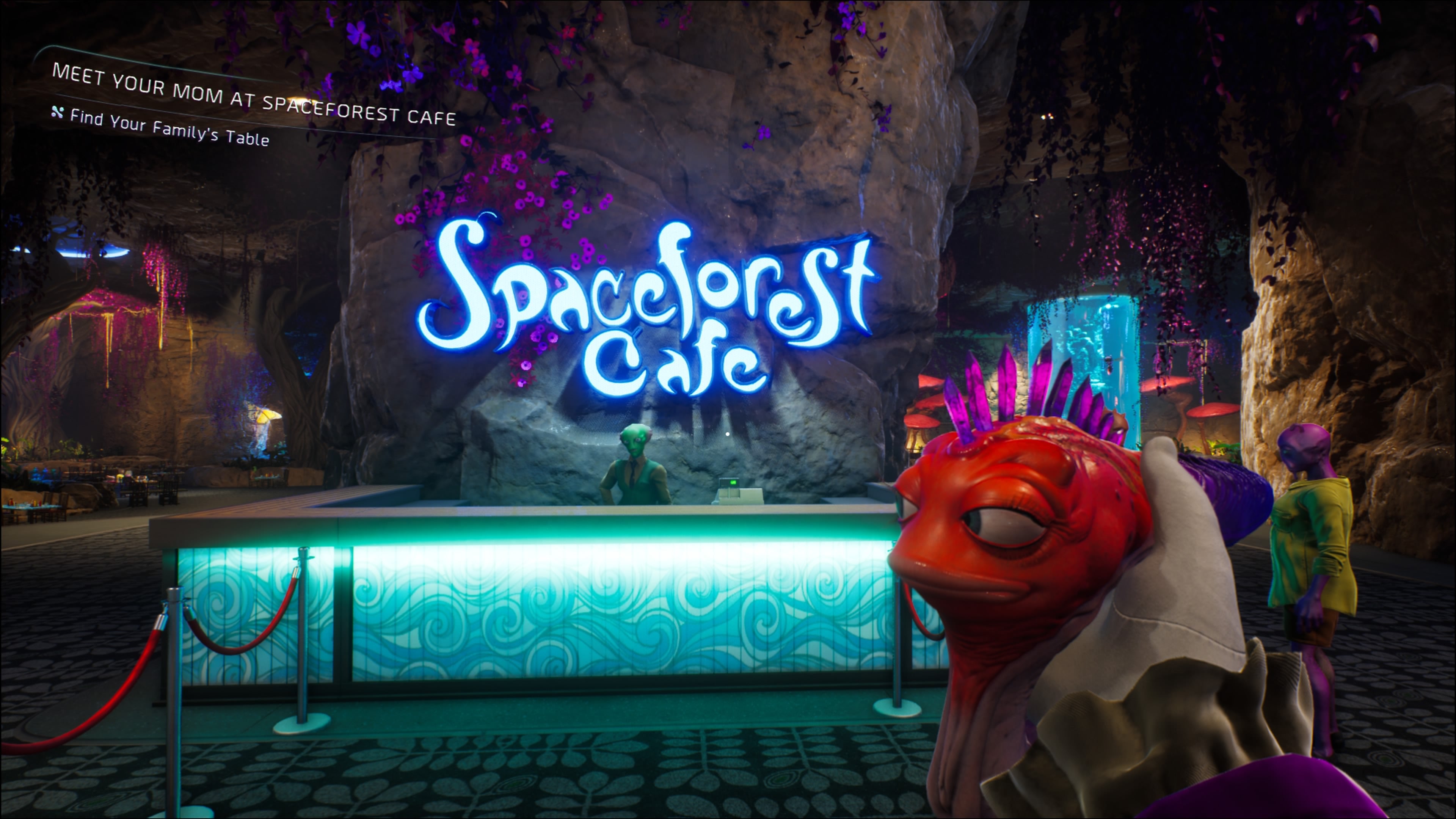 A screenshot of High on Life 2, showing the player approaching the reception desk of the Space Forest café.
