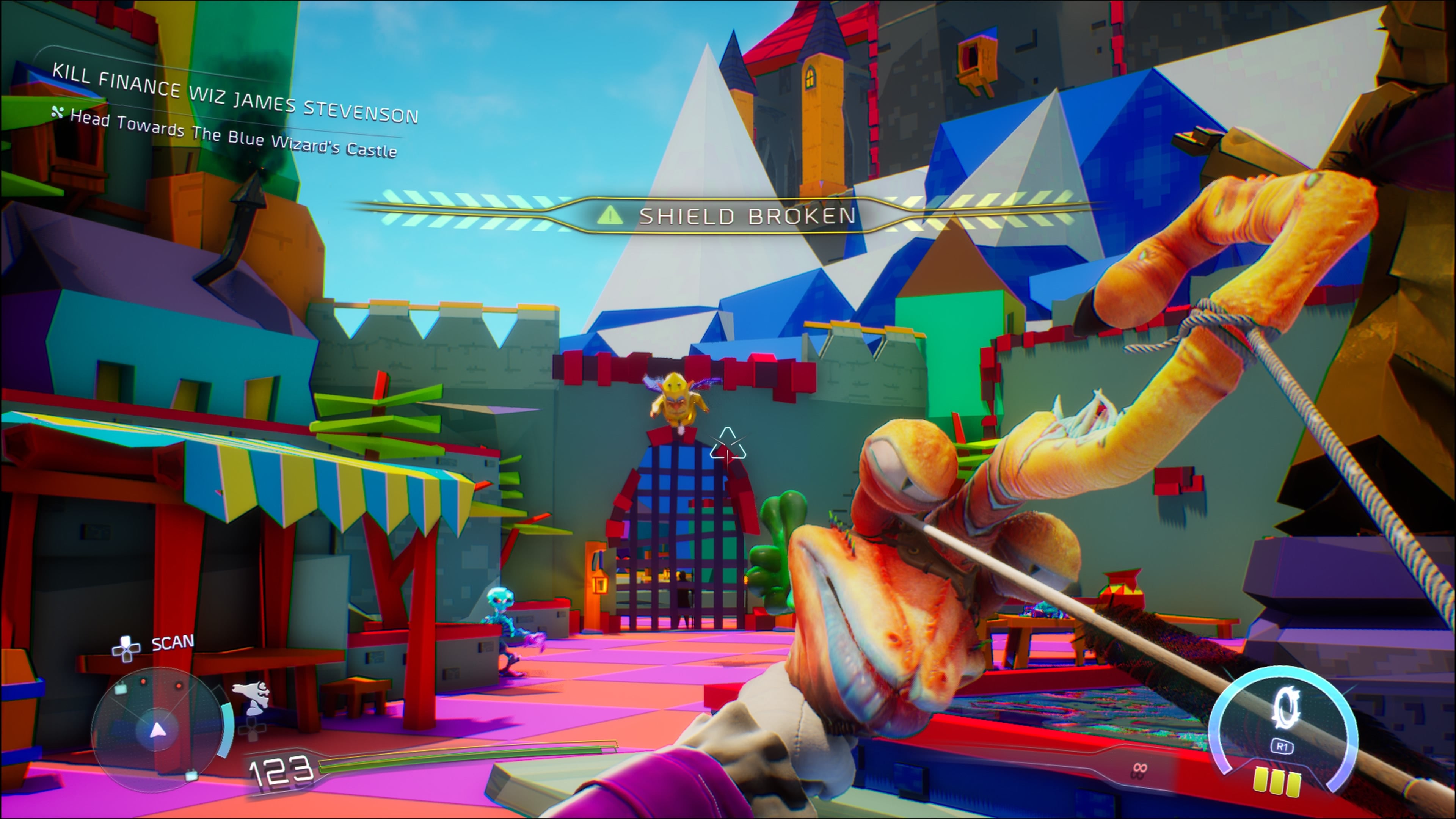 A screenshot of High on Life 2, showing the player exploring a low-poly fantasy world while equipping Bowie.