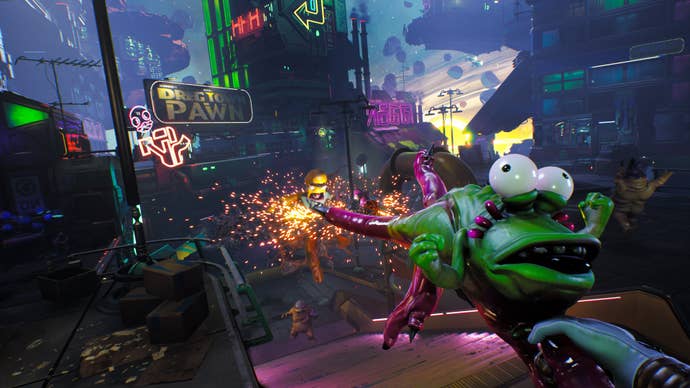 Gus, a green alien gun, fires a spread of alien shotgun pellets at any enemy in High On Life.