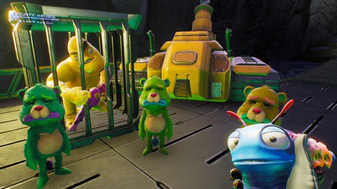 The player talks to some sad teddy bears who’ve caged a yellow alien in High On Life.