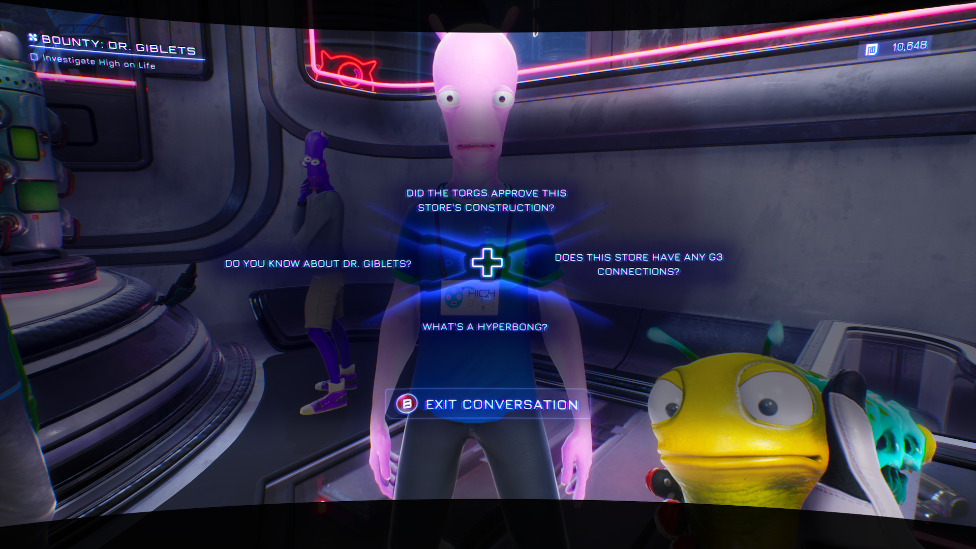 High on Life review - four dialogue choices with a strange pink NPC, topics include Dr. Giblets and a Hyperbong