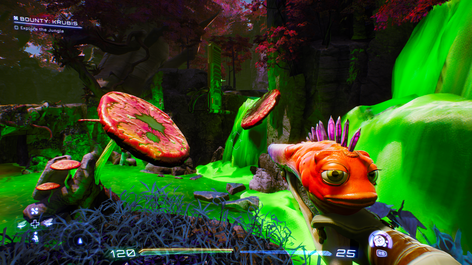 High on Life review - another bright green river of good with some red mushrooms and a jungle