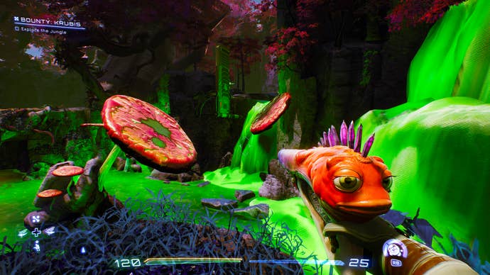 High on Life review - another bright green river of good with some red mushrooms and a jungle