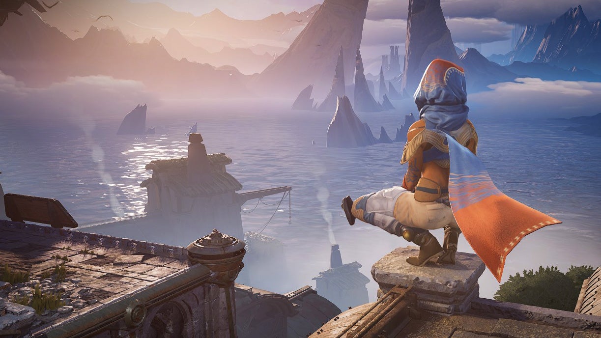 A slight character with a blue and orange cape sits on a crenelation overlooking a sea and mountains beyond.