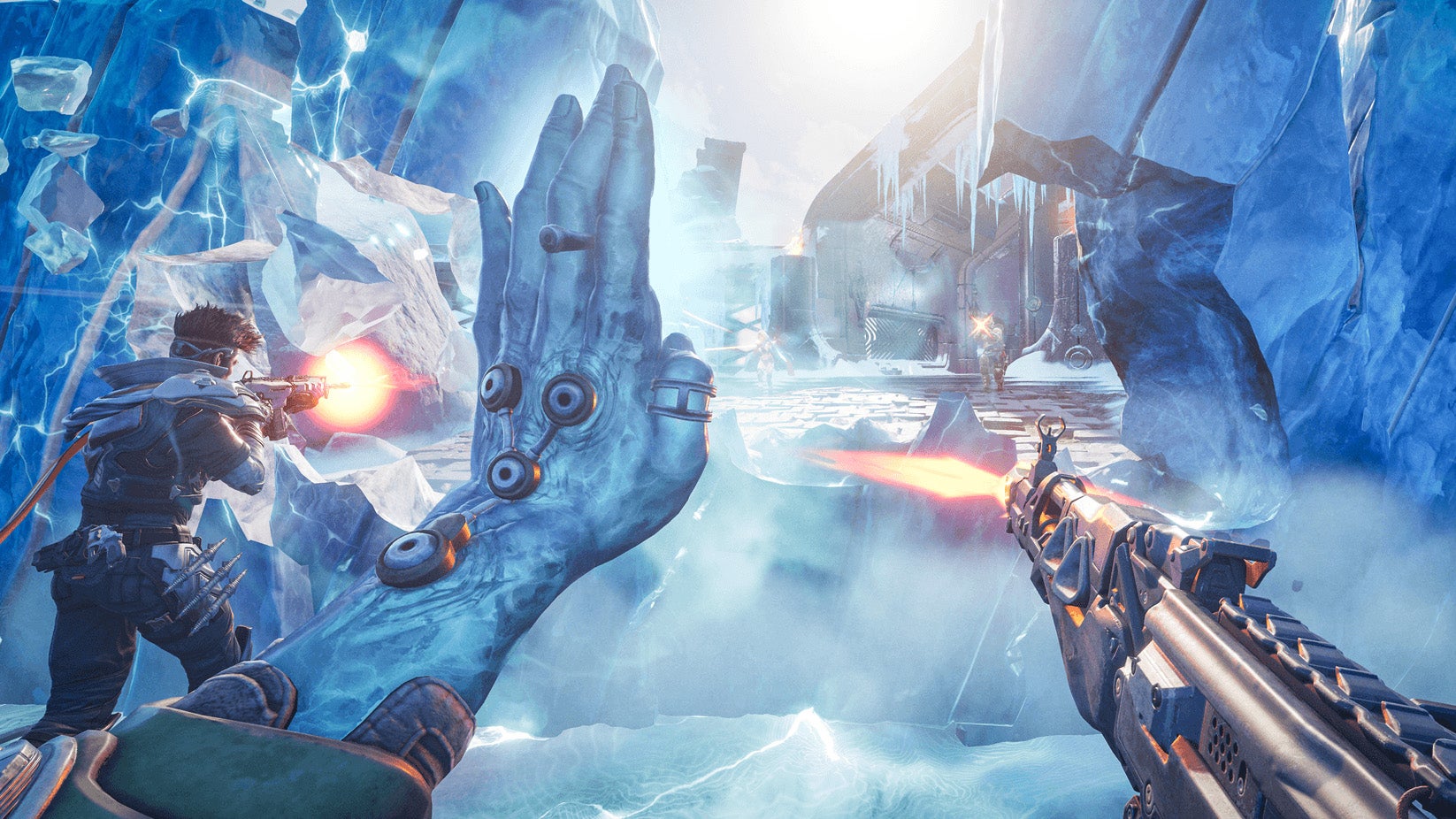 A Highguard screenshot showing, from a first-person perspective, a blue hand rising as if to magically stop bullets, while in the other hand a machine gun fires. I wish I could do that. Not that I go around firing machine guns.