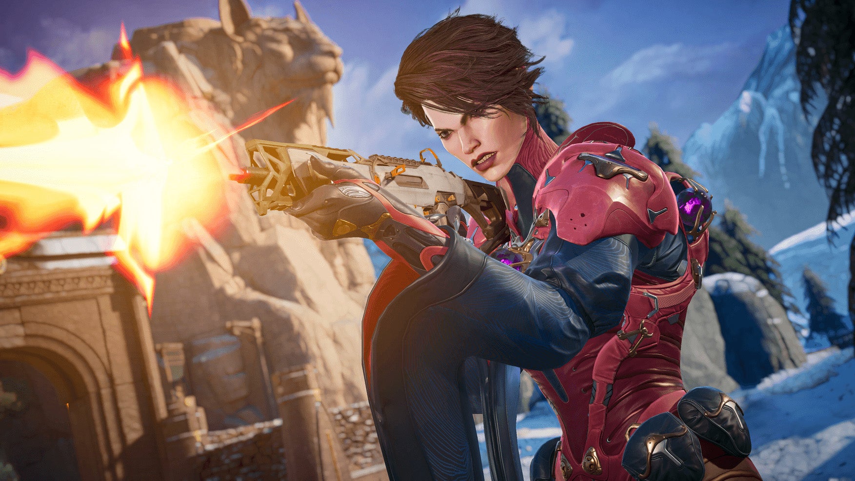 A lady in red armour with big sleeves shoots a machine gun towards the camera.