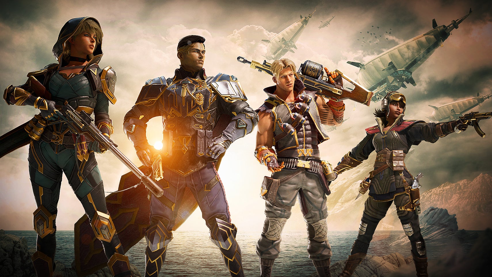 Four characters stand in heroic poses in a line. A few of them hold large guns. They are a Highguard team of heroes.