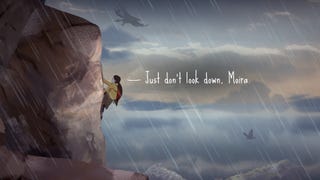 A screenshot from A Highland Song showing teenage protagonist Moira scaling a sheer rockface while an open sky is mirrored dramatically in the vast lake behind her.