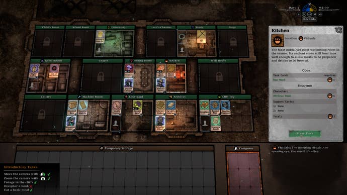 A top down view of a mansion blueprint in The Horror at Highrook, showing an available Kitchen task.