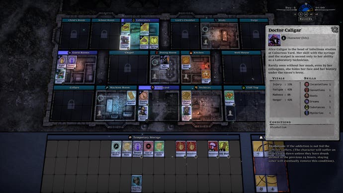 A top down view of a mansion blueprint in The Horror at Highrook, showing Dr Caligar's character sheet.