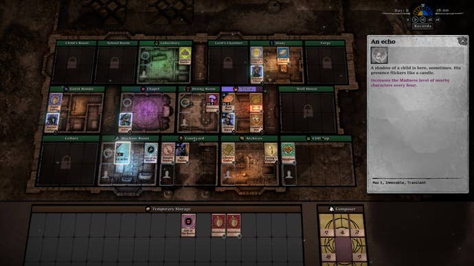 A top down view of a mansion blueprint where a ghostly echo is selected in the Machine Room in The Horror at Highrook.