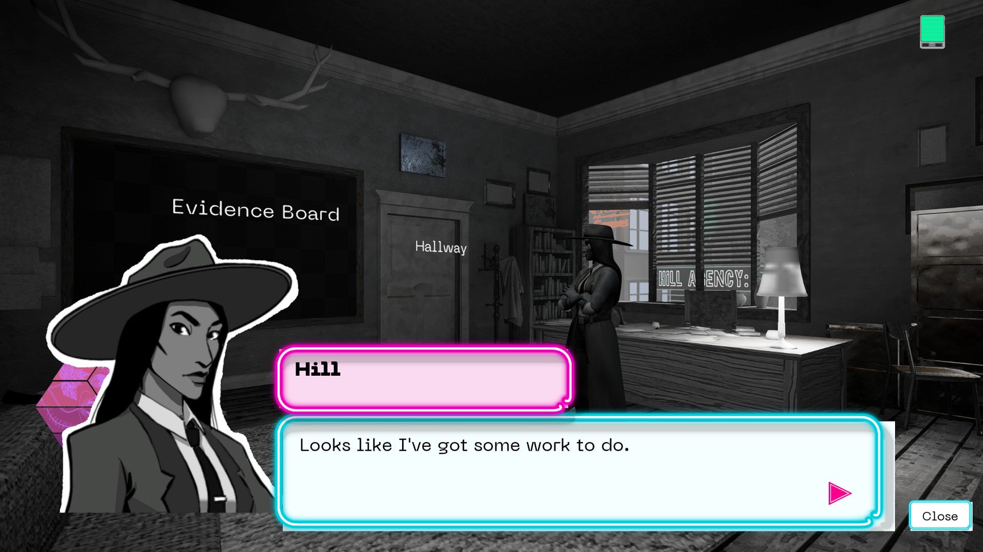 A dialogue box from Hill Agency: PURITYdecay, showcasing the game&rsquo;s point-and-click interface.