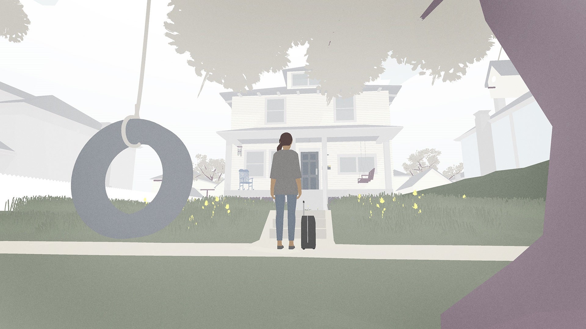 A woman with a suitcase looks at a large family home in Hindsight.