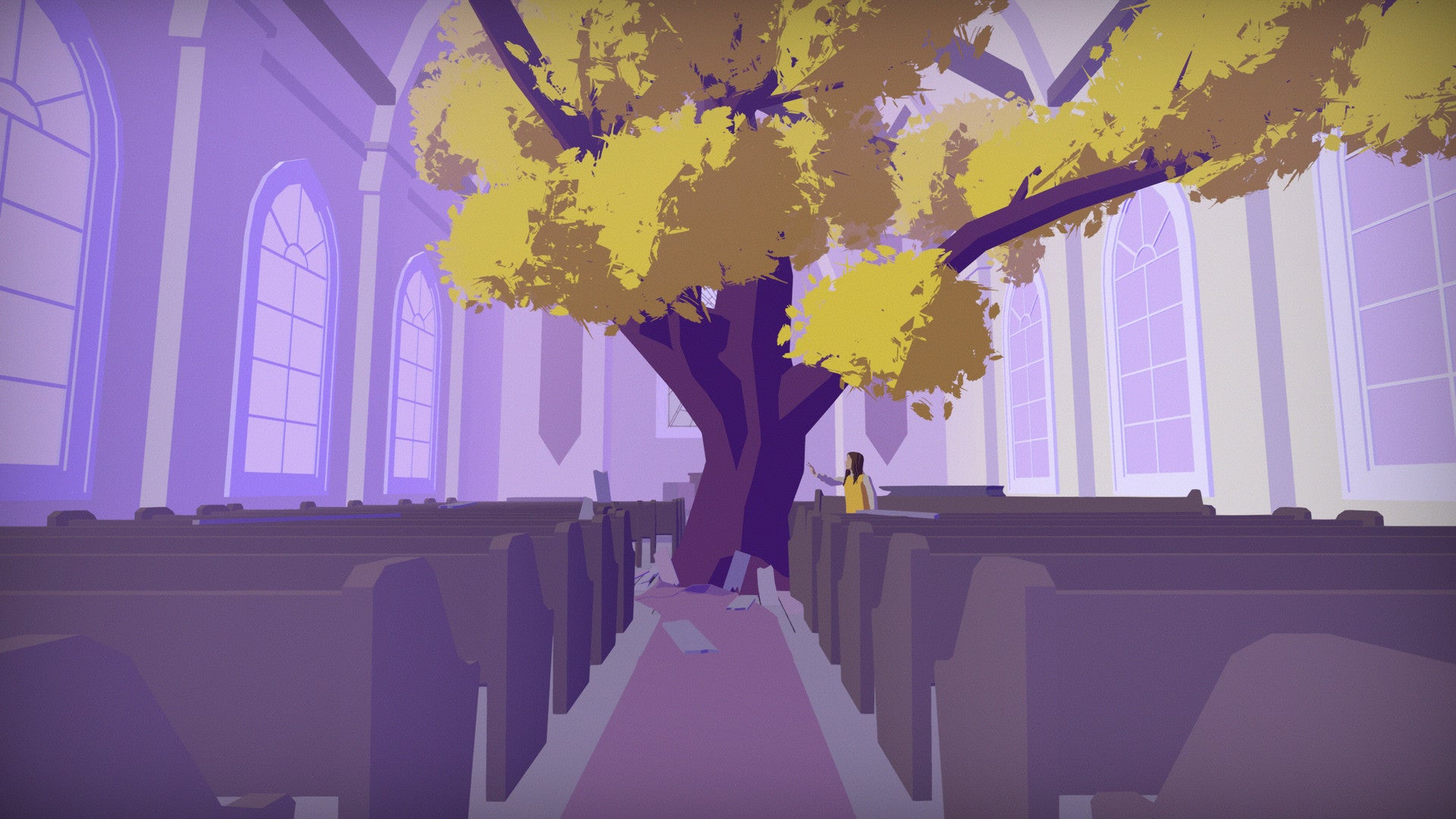 The inside of what looks like a church, tinged with purple. But there&rsquo;s a huge tree growing from the middle where the dais is.