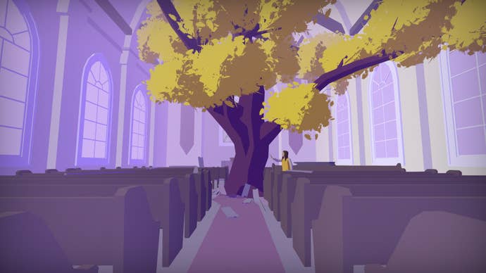 The inside of what looks like a church, tinged with purple. But there’s a huge tree growing from the middle where the dais is.