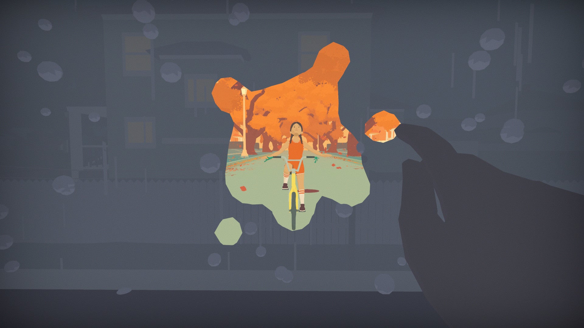 A hand drawing in the condensation on a window, and where the picture is, there&rsquo;s the image of a girl riding a bike.