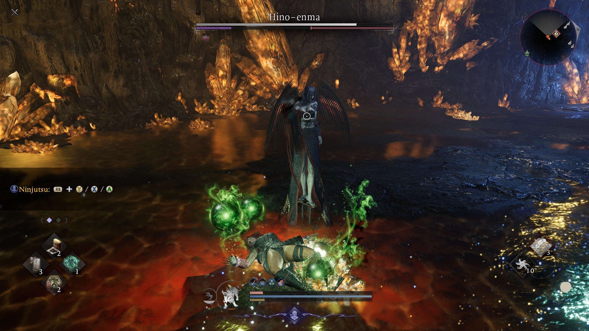 Hino-enma, a succubus-like boss, looms over a fallen player in Nioh 3. - 10