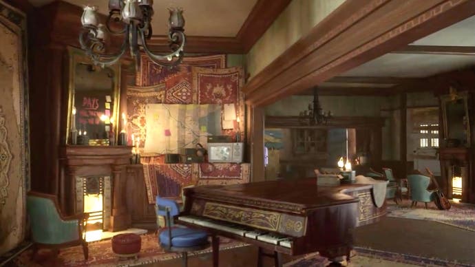 A frame from developer Hinterland's "unannounced survival game" teaser showing a once-grand but now dilapidated room with a fire roaring at each end.